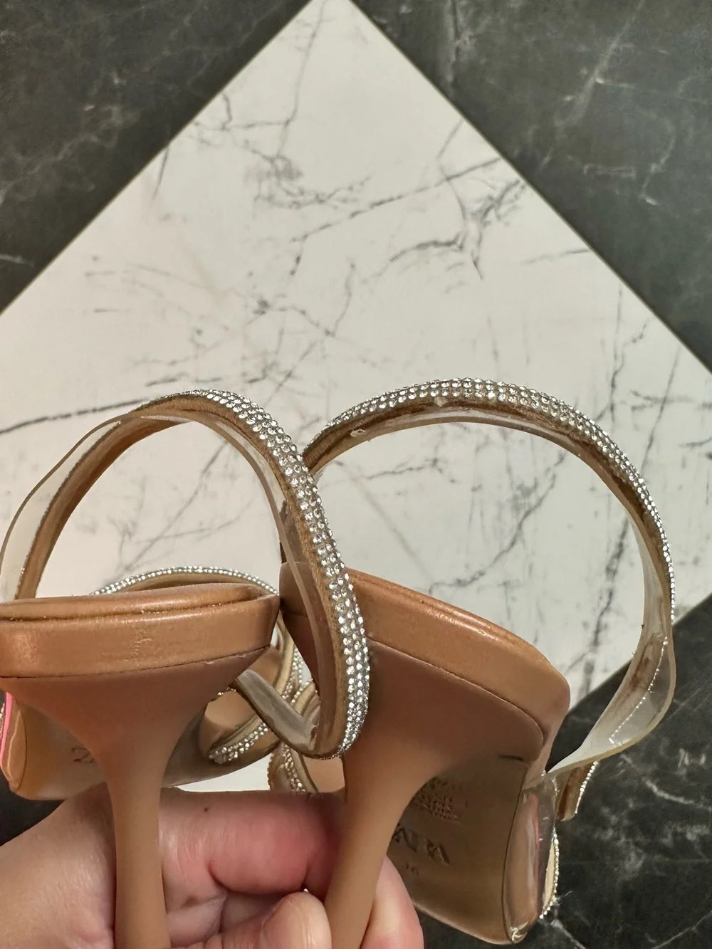 Zara Tan Pointed Slingback Heels with Crystal Straps